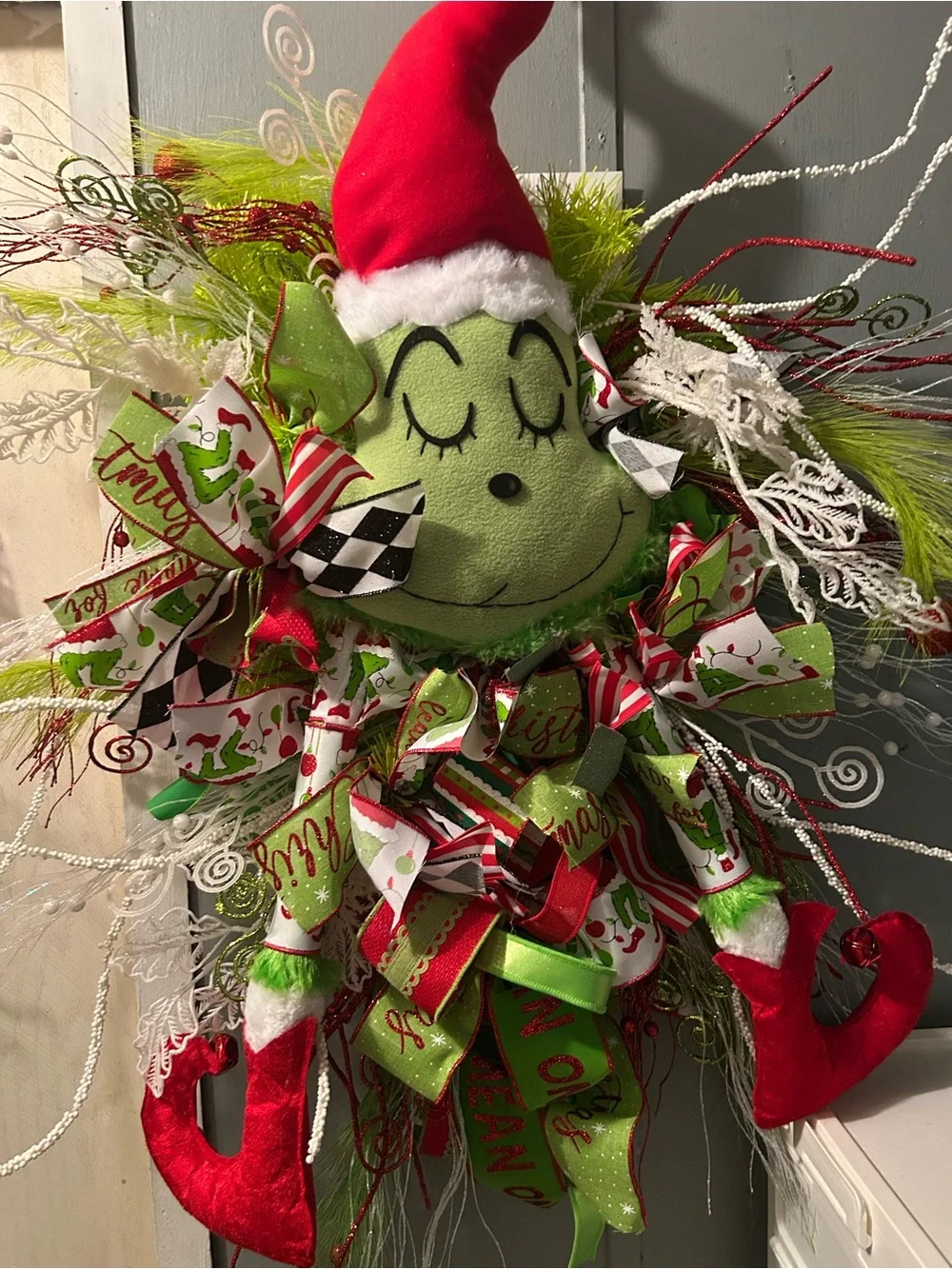 Festive Grinch Holiday Wreath with Red Hat